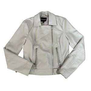 Womens Express Faux Leather Zip Up Jacket Beige Khaki Petite Small